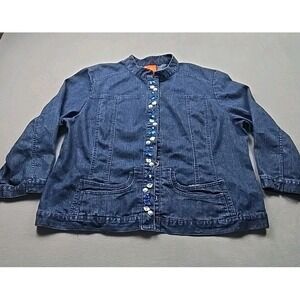 Heart of Palm Women Jean Jacket Sz 16 Blue Rhinestones Single Button Long Sleeve